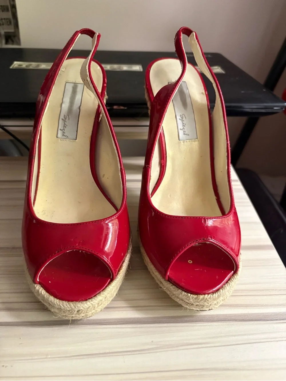 Spiegel Red Patent Peep-Toe Espadrille Wedges